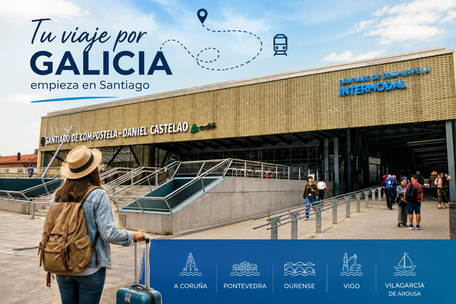 Excursiones de un día Viajera junto a la estación intermodal de Santiago de Compostela, punto de partida cómodo para descubrir Galicia en tren o autobús durante una excursión de un día.